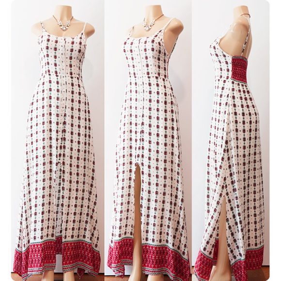 NESLAY Design Dresses & Skirts - Last☝️Ivory Red Ethnic Button Slit Boho Maxi Dress